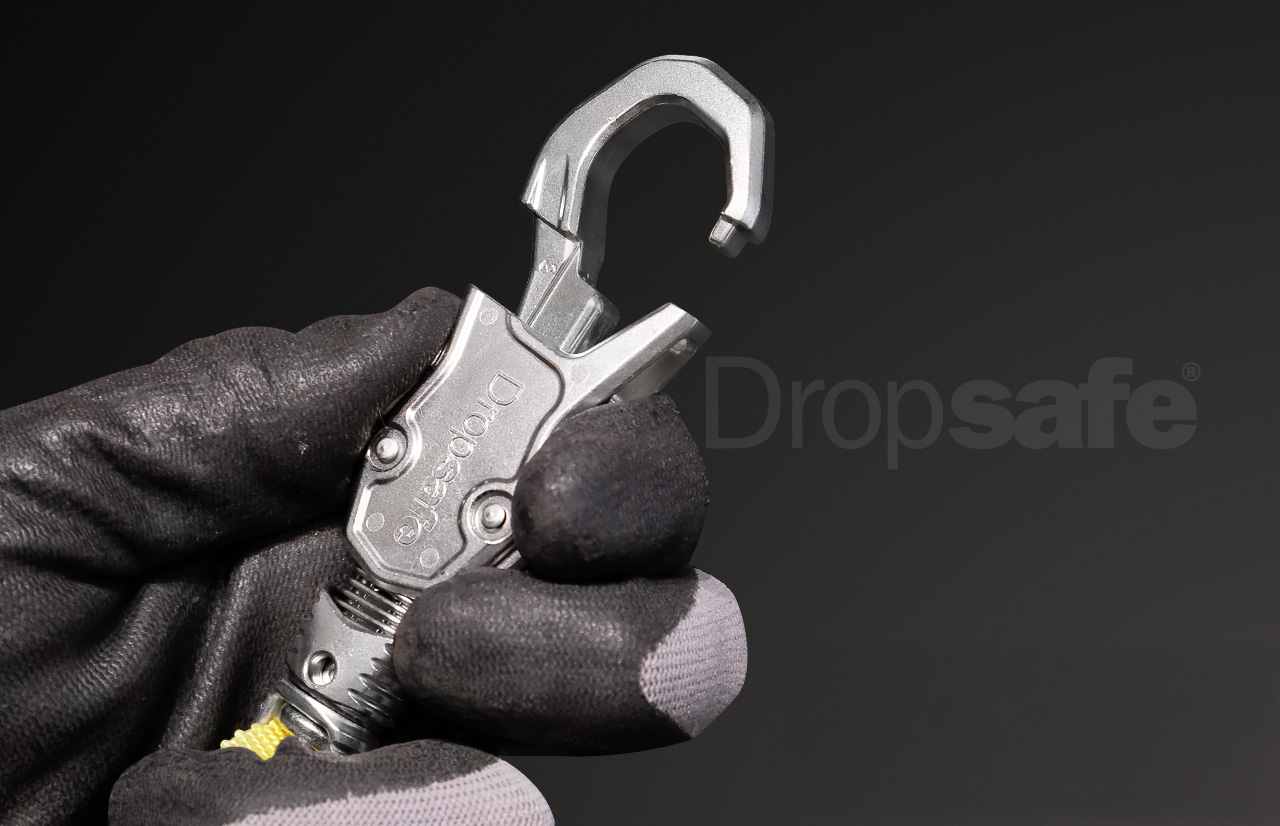 Silver metallic dropsafe carabiner with sturdy hook and textured grip for Wire Tool Lanyard - Loop