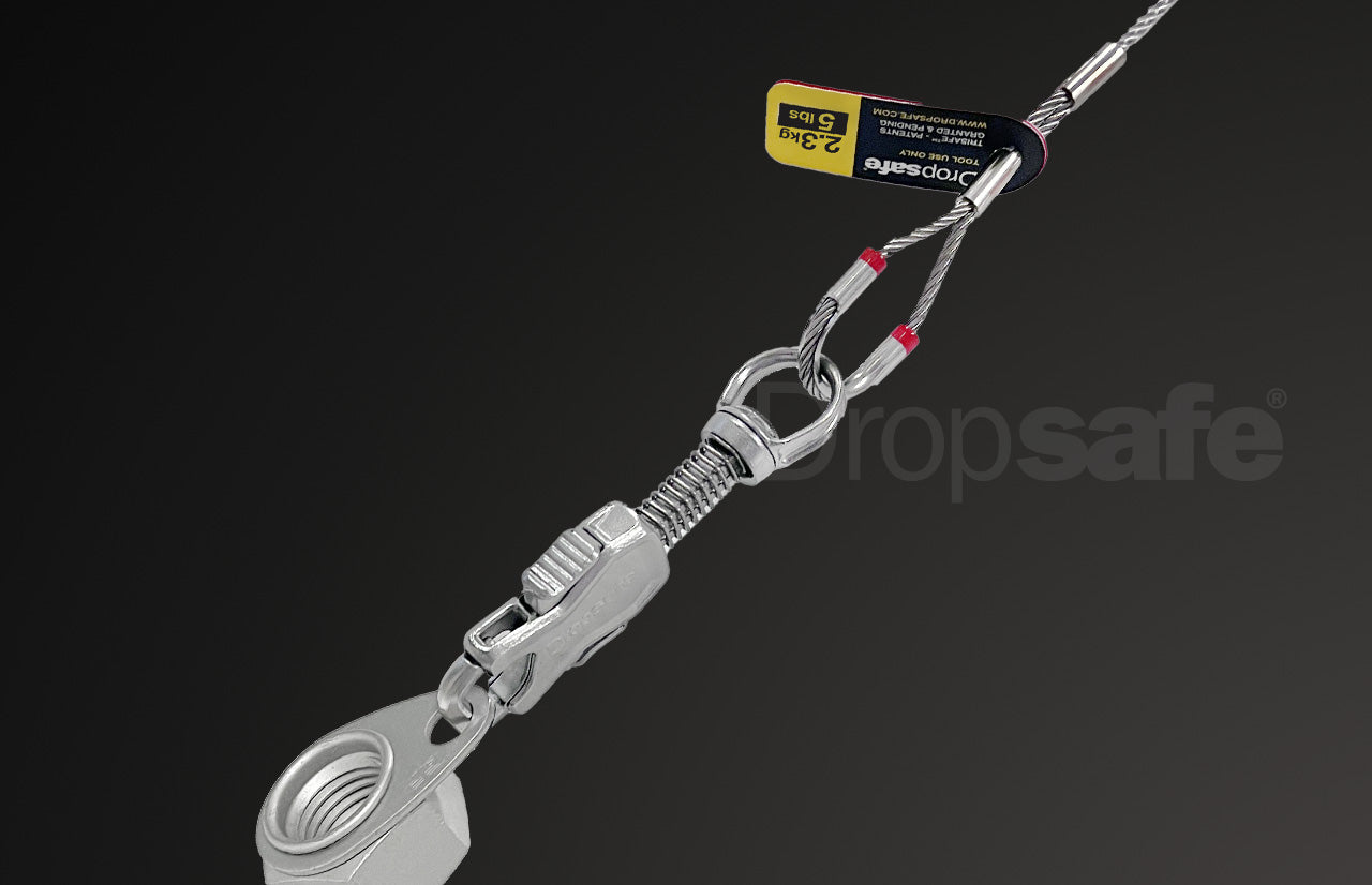 Silver metallic wire tool lanyard with loop, 2.3 kg capacity, threaded end cap and tag