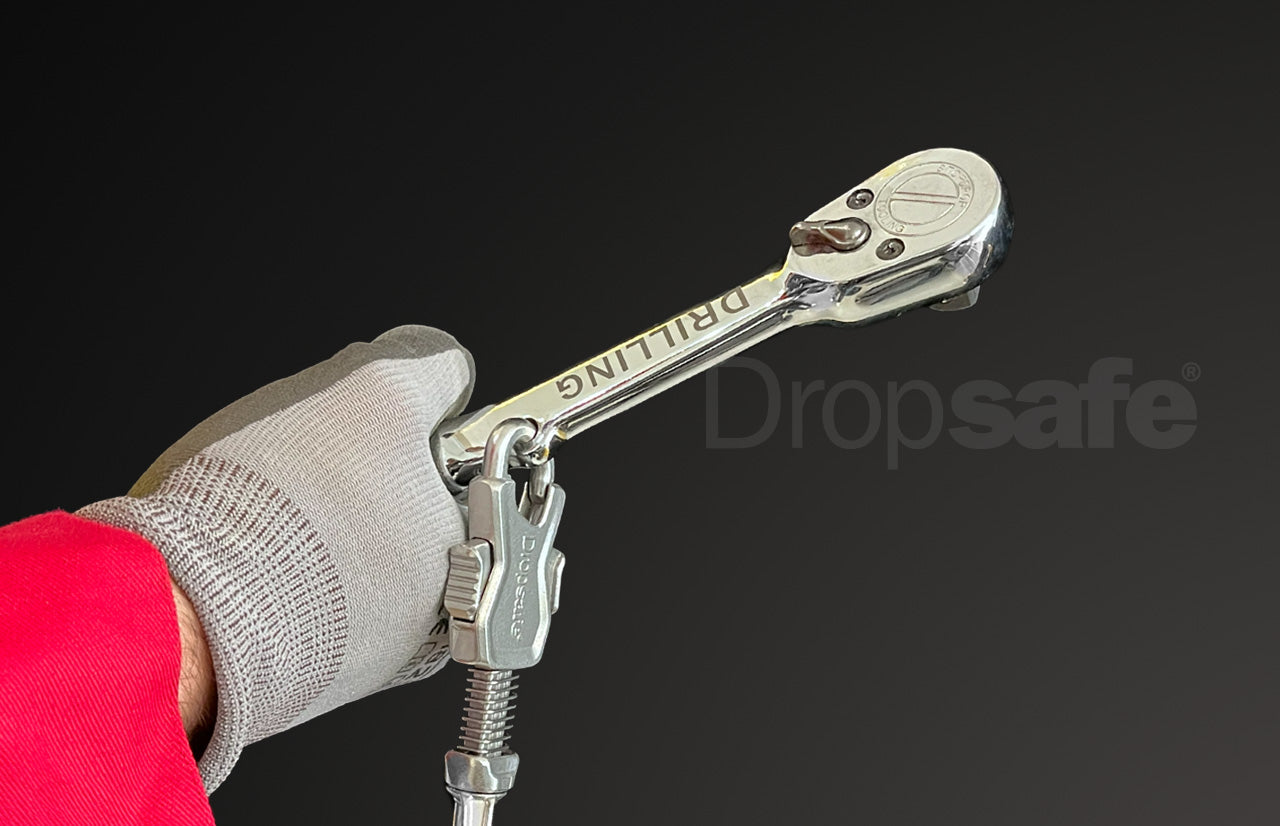 Silver ratchet wrench with Trisafe carabiner