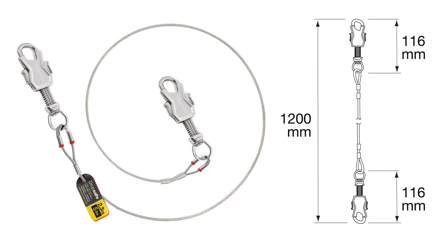 Silver steel wire tool lanyard with twin spring-loaded carabiner clips, 2.3 kg capacity