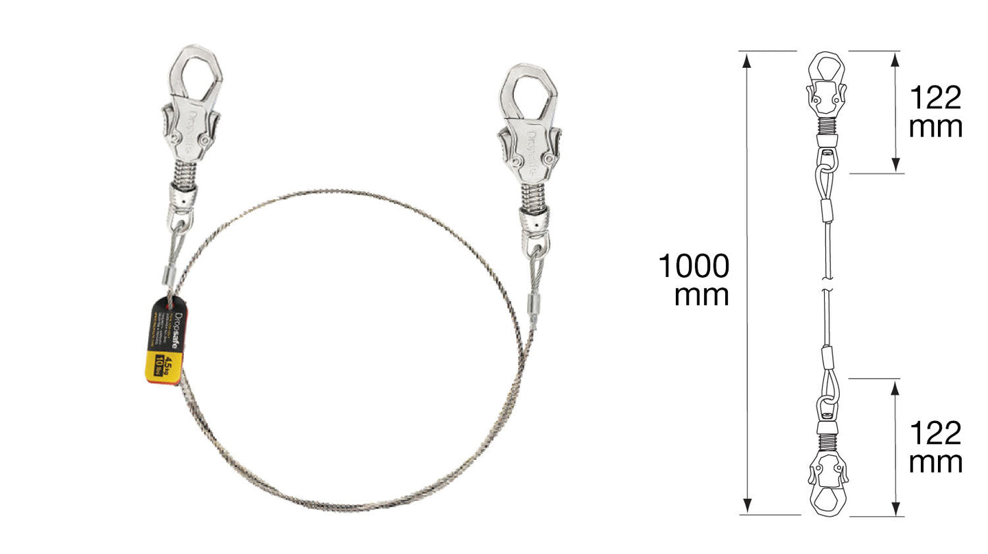 Silver steel cable lanyard with twin 122mm carabiners